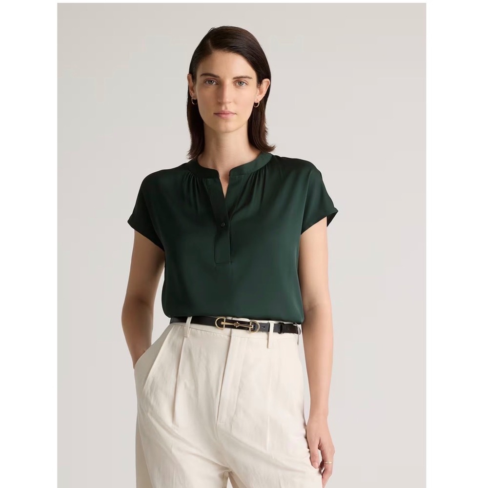 Quince Washable Stretch Silk Dolman Sleeve Blouse Forest Green Small LB82194
